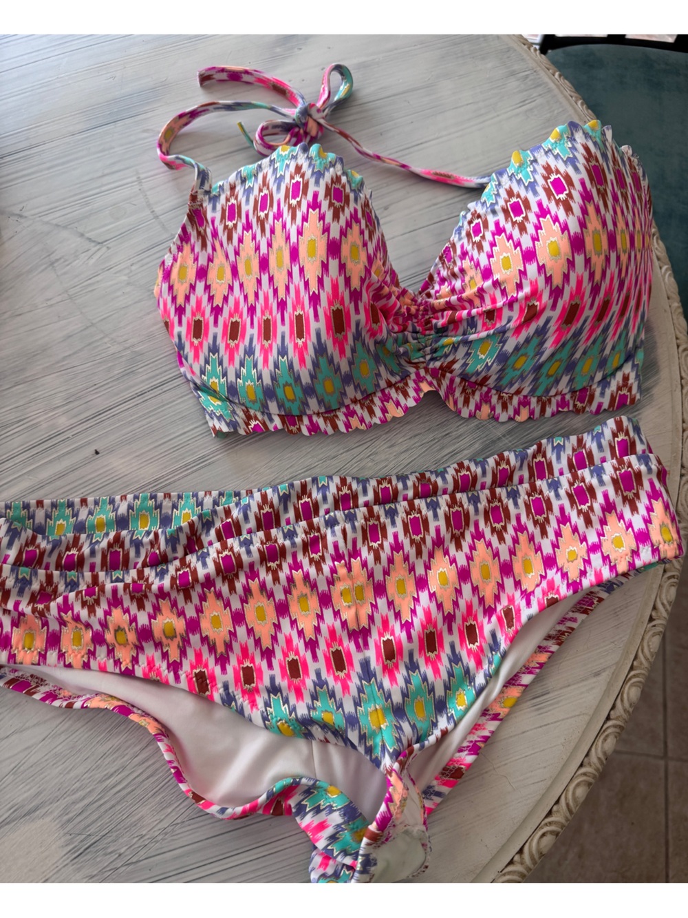Victoria's Secret White Bikini Bottom with Turquoise, Purple & Yellow Pattern